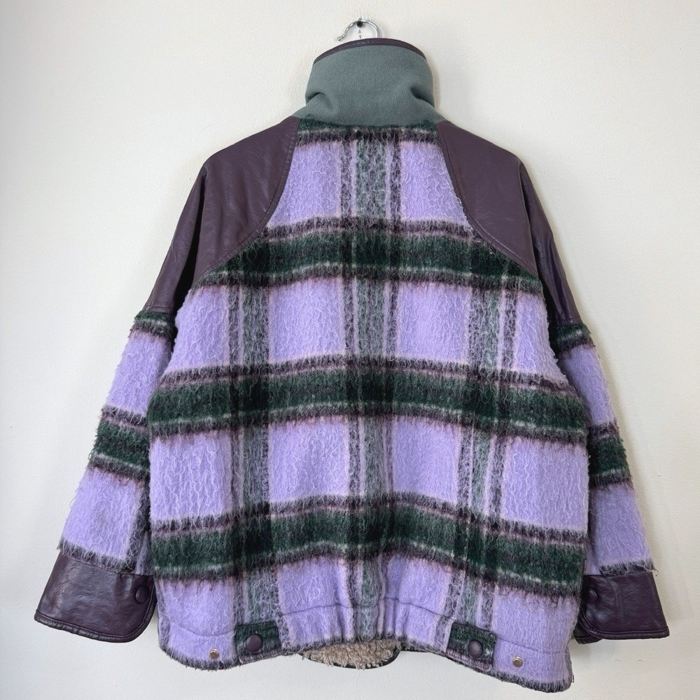 Women's Oof Wear Plaid Sherpa The Shapes Lab Button Up Green Purple Jacket Coat - Picture 4 of 7